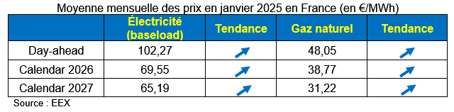 Moyenne mensuelle des prix en janvier 2025 en France (en €/MWh)